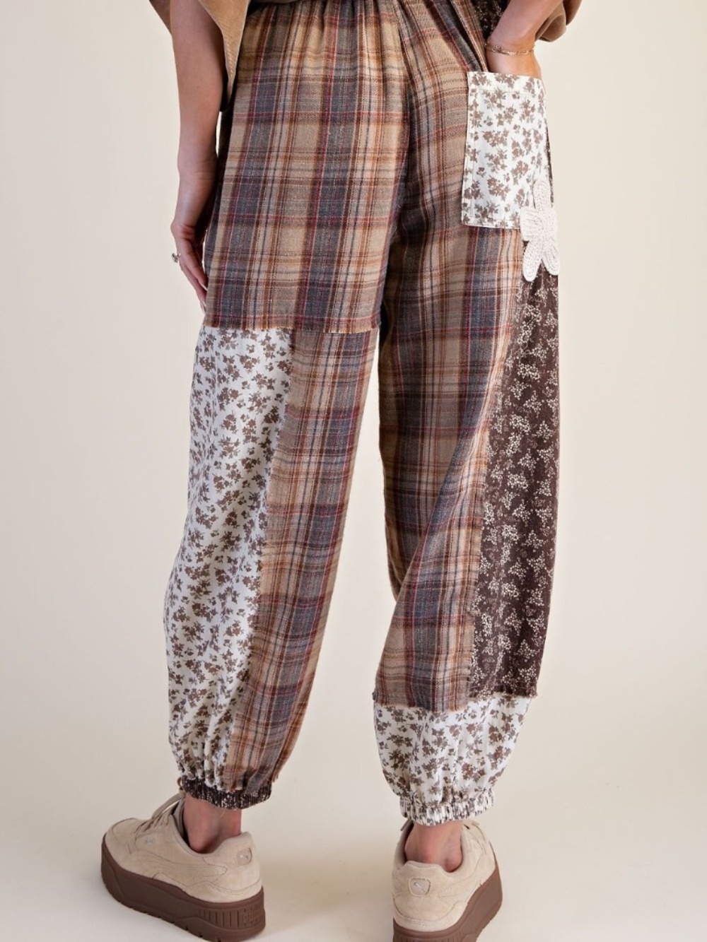 New Easel Los Angeles Jogger Pants Plaid Floral Oversized Baggy Fit Mixed Media - Picture 2 of 6